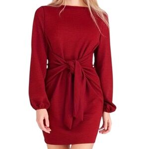 Women’s Elegant Lantern Long Sleeve Crewneck Tie Waist Dress